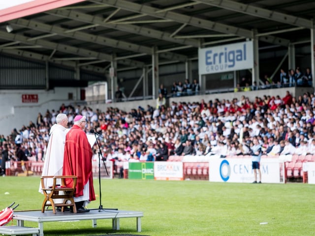 Participants at the Derry Diocese Fan The Flame annual Mass 2025 in Celtic Park.