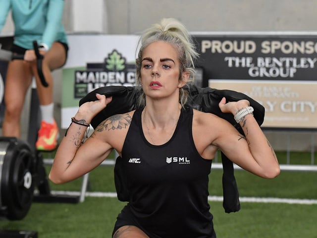 Going through her paces in the Warm-up area, this competitor prepares for her Maiden City Hyrox race at Sean Dolans GAC on Saturday. Photograph: George Sweeney