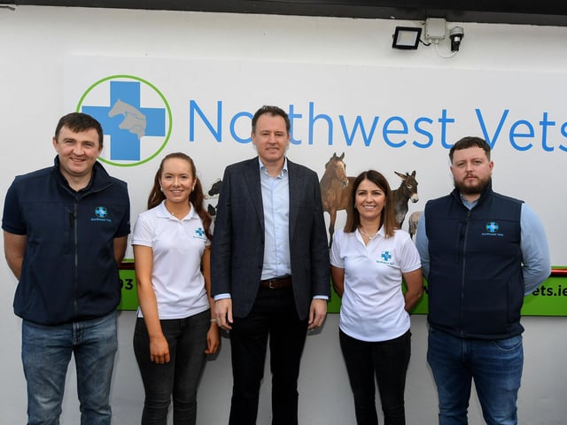 Michael Doherty, veterinary surgeon, Sarah Devlin, practice receptionist, Charlie McConalogue, Minister for Agriculture, Maria Barron, practice manager and Niall McSharry, veterinary surgeon, pictured at the official opening and open day for Northwest Vets at Moness, Burt.  Photo: George Sweeney