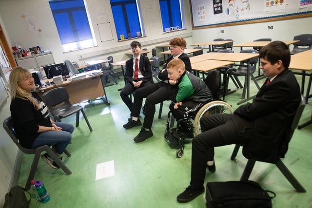 Human Library Michaela McDaid working with St. Joseph's students John Lopie, Cianan Campbell, Colum McCloskey and Keydn Spencer on Wednesday.