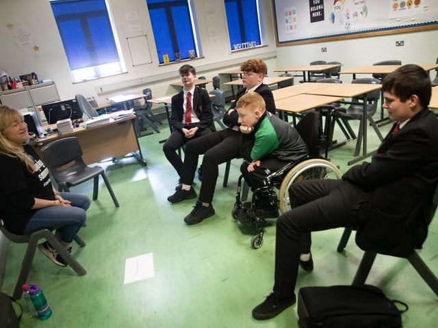 Human Library Michaela McDaid working with St. Joseph's students John Lopie, Cianan Campbell, Colum McCloskey and Keydn Spencer on Wednesday.