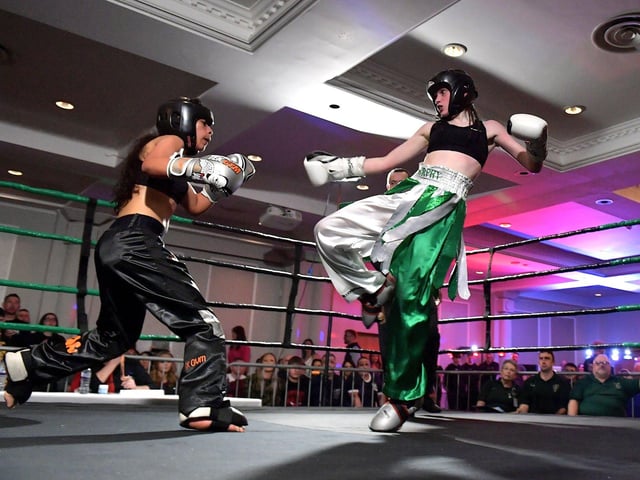 Top Ring Gym’s Annie Murphy (right) fighting Baltoufa Manel, Tek Gym France, in the WKU Pro-Am World Title on Saturday evening last in the Everglades Hotel. Photo: George Sweeney.  DER2312GS – 61
