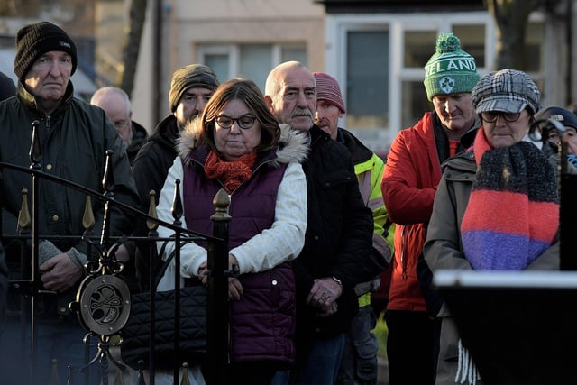 People gathered at the Bloody Sunday monument at Joseph’s Place on Tuesday afternoon for one minute's silence on the 52nd anniversary of the Bloody Sunday massacre. Photo: George Sweeney.