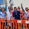 A section of the travelling City fans queuing to get into the Europa Point stadium in Gibraltar. Photographs by Neil Wilson.