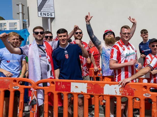 A section of the travelling City fans queuing to get into the Europa Point stadium in Gibraltar. Photographs by Neil Wilson.
