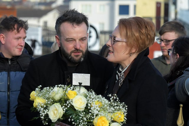 Colm Eastwood MP and Geraldine Doherty at the Annual Bloody Sunday Remembrance Service held at the monument in Rossville Street on Sunday morning.  Photo: George Sweeney