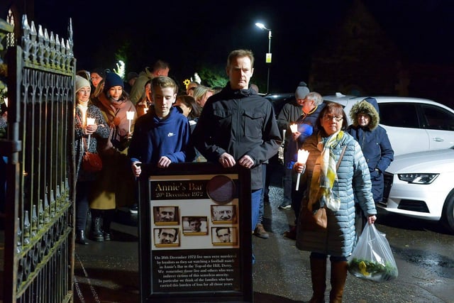 Relatives gather after mass at St Columba’s Church to take part in a wreath laying event, at Strabane Old Road, on the 50th Anniversary of the Annie’s Bar massacre on Tuesday evening. Photo: George Sweeney. DER2251GS – 12