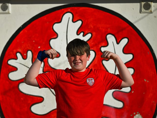Derry City supporter Logan McDonald before the SSE Airtricity Men's Premier Division match between Derry City and Shamrock Rovers at Find Insurance Celtic Park in Derry. Photo by Ramsey Cardy/Sportsfile