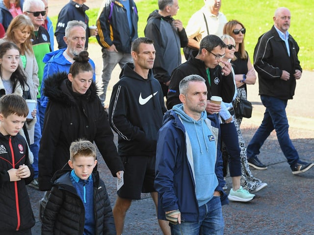 Participants who took part in Sunday’s Chieftain’s Walk from Bay Road to Foyle Road. Photo: George Sweeney