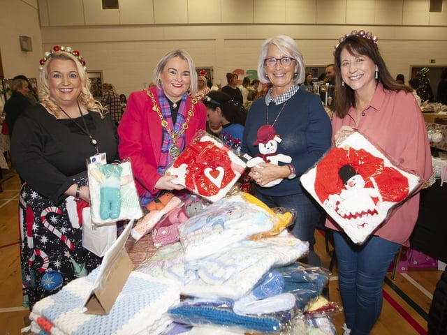 The Mayor, Sandra Duffy pictured with Roisin Rice, Vice Principal, St Mary’s College and stallholders June Doherty and Siobhan McNally. (Photos: Jim McCafferty Photography)