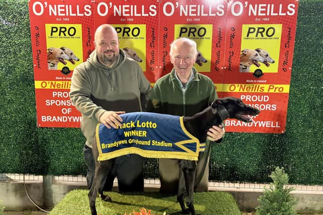 Geoff Thompson Memorial Sprint semi-final winner 'Ardevan Mary' with Frank Rooney (left) & Seamus Morgan.