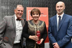 Derry Journal / BetMcLean People of the Year Awards 2025. Winner of the Lifetime Achievement Award sponsored by Derry City & Strabane District Council, Dana Rosemary Scallon pictured with Martin Mullan, our first ever recipient of the award, and Brendan McDaid, editor of the Derry Journal. Photo: George Sweeney