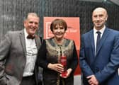 Derry Journal / BetMcLean People of the Year Awards 2025. Winner of the Lifetime Achievement Award sponsored by Derry City & Strabane District Council, Dana Rosemary Scallon pictured with Martin Mullan, our first ever recipient of the award, and Brendan McDaid, editor of the Derry Journal. Photo: George Sweeney