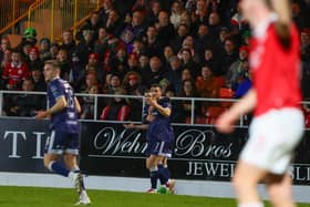 Derry City goalscorer Michael Duffy looks over at the offside flag in dismay after finding the net before referee Rob Hennessy overrules his assistant.