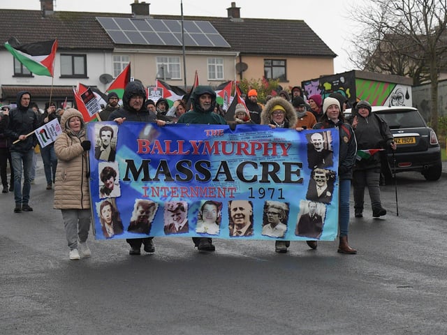 Ballymurphy relatives take part in the Bloody Sunday 52nd commemoration march Sunday afternoon.  Photo: George Sweeney.