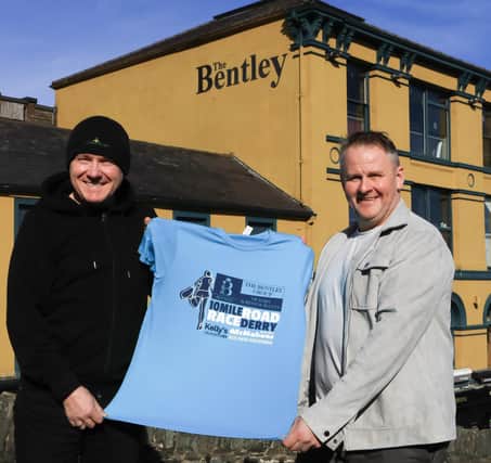 Tony "Toe" O'Connor, "The Bentley Group of Bars and Restaurants" main sponsor, at the launch of the 10 Mile Road Race, with marshell Scott Galbraith. The race takes place next Saturday March 8, start 10.30 am at St. Columb's Park Stadium running track. (Photo - Tom Heaney, nwpresspics)