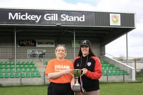 Derry City Women's captain Chelsea Sheerin (right) with Amy McRory, manager, Jigsaw Donegal, charity partner of this weekend's North West Christy Cup in Cockhill Celtic.