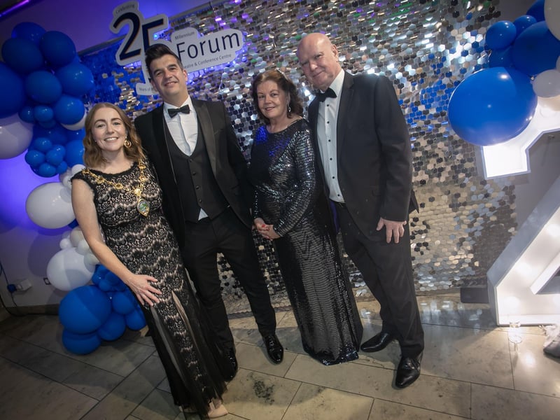 The Mayor, Grace Ui Niallais pictured at Friday night's Millennium Forum 25th Anniversary event with husband, Aidan and party colleague, Patricia Logue and husband James. (Photos: JIm McCafferty Photography)