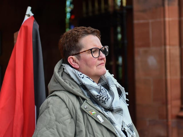 Catherine Hutton, IPSC Chairperson, at the pro - Palestine solidarity rally held in Derry Saturday afternoon. Photo: George Sweeney