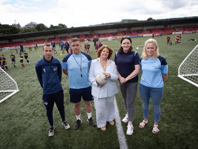 Mayor of Derry City and Strabane District Council, Colr Patricia Logue, pictured at the Ryan McBride soccer tournament at the Brandywell on Wednesday afternoon. Included are Paul O'Donnell, Ryan McBride Foundation, Mo Mahon, BBHF, Aisling Hutton and Sarah Harkin BBHF. (Photos: Jim McCafferty Photography)