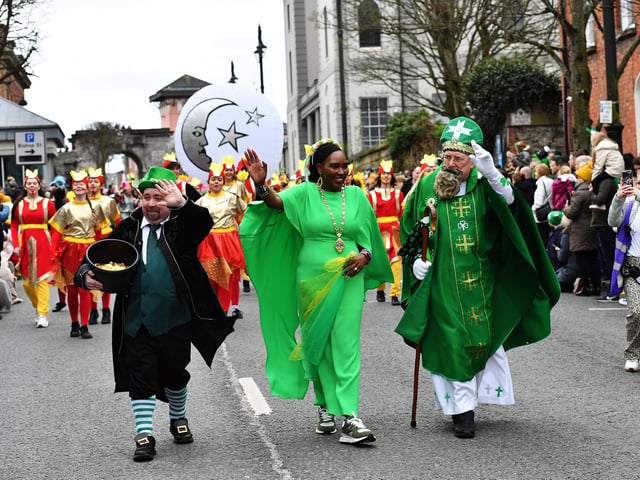 The Derry St Patrick’s Day parade makes its way towards the city centre on Monday afternoon. Photo: George Sweeney.