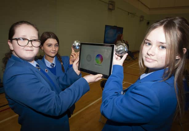 St. Mary’s Year 9 students Orla Smyth, Kate Doherty and Katie Harrigan taking part in the Sphero Bolt experiment during Engineers Week.