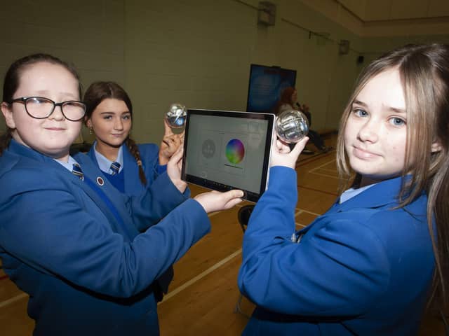 St. Mary’s Year 9 students Orla Smyth, Kate Doherty and Katie Harrigan taking part in the Sphero Bolt experiment during Engineers Week.