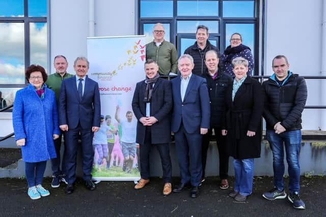 Front, from left, are Bridie Mullen, Vale Centre committee, Ultan Faherty, Halo Business Angel Network (HBAN) Coordinator North West, Paddy Harte Chairman of the International Fund for Ireland, Donal Traynor Group CEO CFI, Damian McAteer Group Chair CFI, Noel Ellis (Killymard/Donegal Town Orange Lodge), Pauline O’Reilly (St. Patrick’s, Donagh, Fermanagh), Stephen McElhinney, Cully Hall Committee, Donegal). Back, from left, are Fintan Kelly (Aclare Community Council, Sligo), Sean Donnelly (Brocagh & District Regeneration Group, Tyrone), and Mandy Ellis (Hilltown Ladies Lodge, Donegal). By Lorcan Doherty.