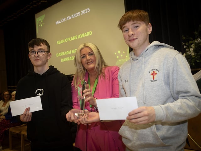 Mrs Ciara Deane, Principal, pictured with Sean O'Kane award winners Darragh McDermott and Darragh Rogan at last week's Prizegiving. (Photos: Jim McCafferty Photography) : .