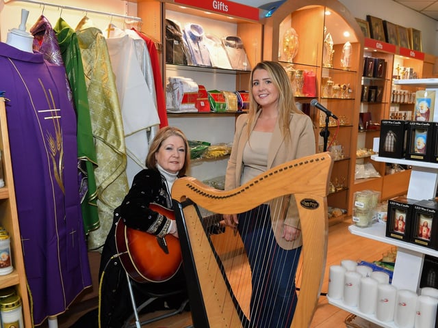 Isobel Caldwell and Sarah McGarrity provided music at the official opening of the St Paul’s book and gift shop on Derry’s Shipquay Street. Photo: George Sweeney