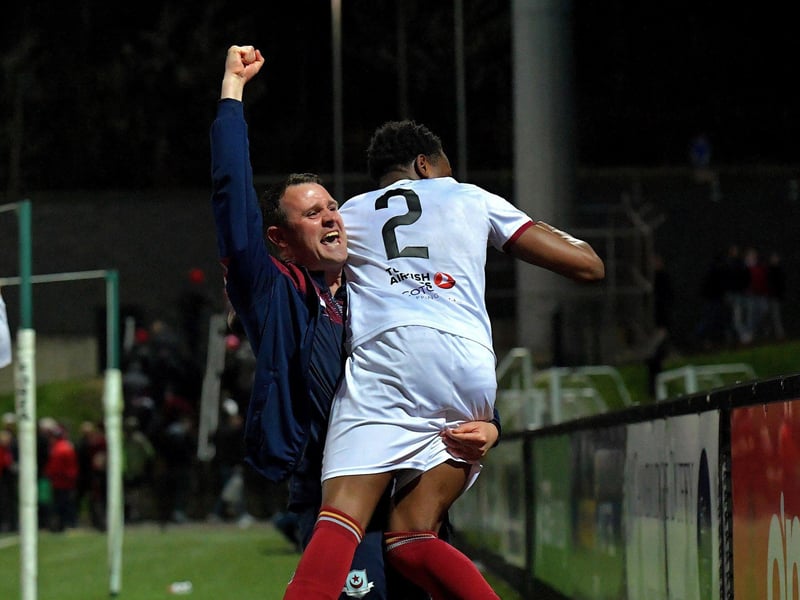 April 2023: Assistant manager Daire Doyle and goal scorer Elicha Ahul celebrate Drogheda United’s shock win over Derry City in the Brandywell.  Photo: George Sweeney.