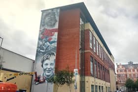 The new mural on the NWRC building at the corner of Boating House Lane and Queen’s Quay overlooking the River Foyle is so big it is visible from vantage points in the Waterside.