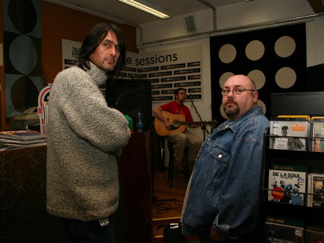 Lee Mason (owner Cool Discs) and Danny Brown (organiser). Talented Derry musicians performing at Cool Discs Live Session inside the Foyle Street store back in February 2005.