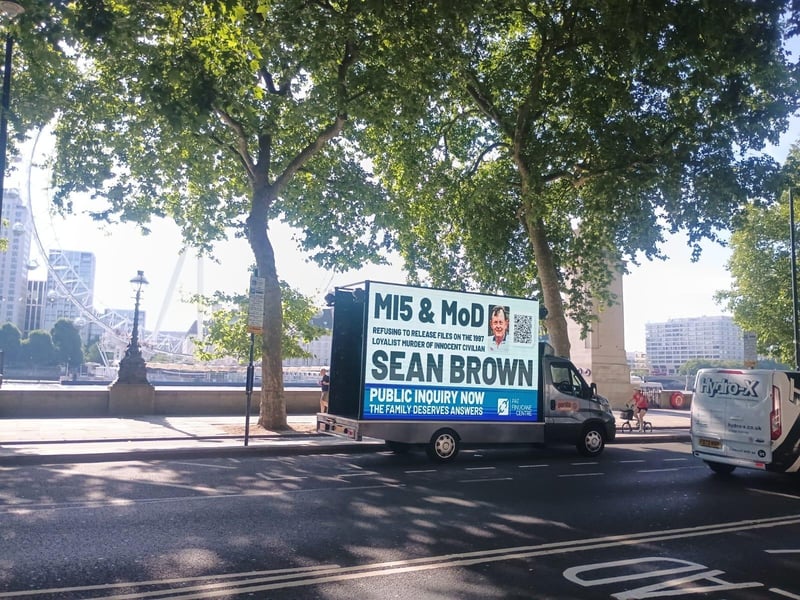 A billboard drawing attention to the Sean Brown campaign has been circulating in central London this week.