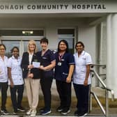 Greencastle Golf Club, Ladies Branch to Carndonagh Community Hospital - Lady Captain, Isobel McCafferty presenting the cheque to Mairead O'Neill, CNM1. Also present - Chinju Johny, Staff Nurse; Sanilamol Sunny, Staff Nurse; Amie Tayoco, CNM2; Litha Lukose, Staff Nurse; Paul Pearson, MTA. Open Charity Stableford competition sponsored by Mulhall Contracts.