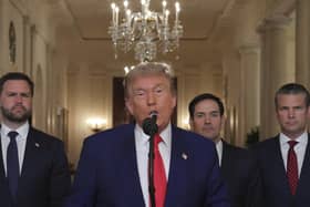 WASHINGTON, DC - JUNE 21: U.S. President Donald Trump delivers an address to the nation accompanied by U.S. Vice President JD Vance, U.S. Secretary of State Marco Rubio and U.S. Defense Secretary Pete Hegseth from the White House on June 21, 2025 in Washington, D.C. President Trump addressed the three Iranian nuclear facilities that were struck by the U.S. military early Sunday. (Photo by Carlos Barria - Pool/Getty Images)