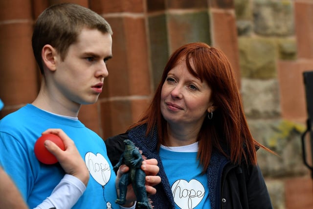 Alma White and her son Caleb at the Caleb's Cause rally calling for legal protection for young people with Special Educational Needs who have disabilities in Northern Ireland beyond the age of 19. Photo: George Sweeney