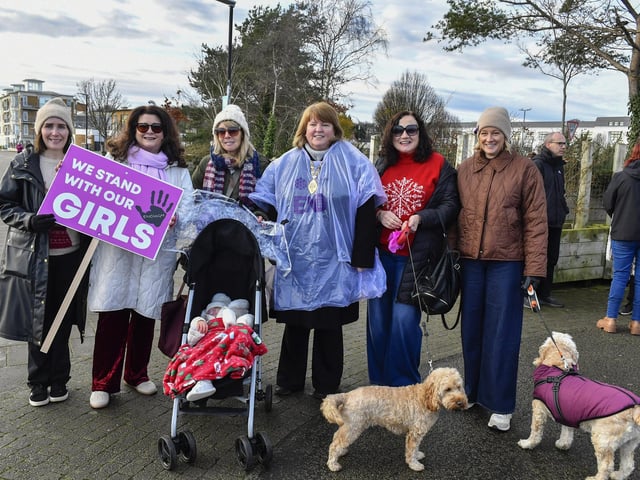 Deputy Mayor Alderman Niree McMorris (third from right) was among proponents who participated in the Foyle Women’s Aid walk, from Sainsbury’s to the Guildhall on Sunday afternoon, supporting the United Nations Women’s Campaign to eliminate gender – based violence worldwide. Photo: George Sweeney