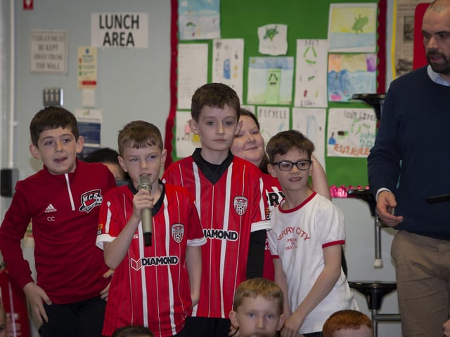 Greenhaw PS P7 pupil Sean putting some tough questions to Michael and Caoimhin on Monday.