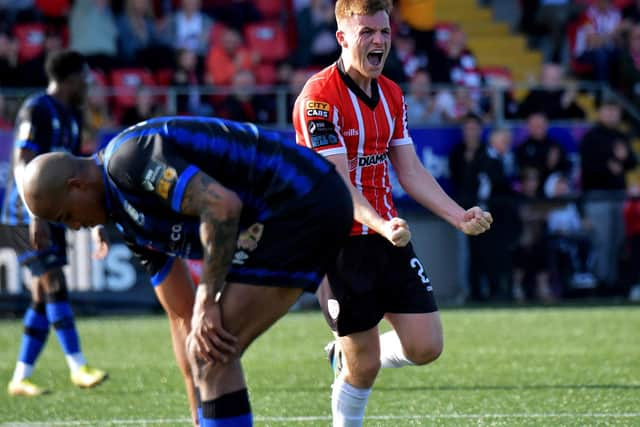 Brandon Kavanagh celebrates scoring Derry City's second goal against Athlone Town. Photo: George Sweeney