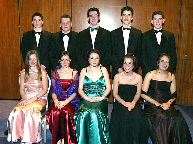 From left (seated), Michaela Cooke, Joanne Love, Marinne McNally, Suzanne Guy and Gemma Craig.  Back row, David King, Graham Murphy, Peter McFeely,  Hashem Shubber and Mathew McIlwaine. (0402T16).