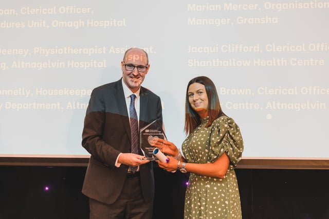 Supporting Our Services Champion Award Winner, Claire Brown, Clerical Officer, North West Cancer Centre, Altnagelvin Hospital pictured with Neil Guckian, Chief Executive, Western Trust.