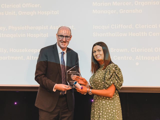 Supporting Our Services Champion Award Winner, Claire Brown, Clerical Officer, North West Cancer Centre, Altnagelvin Hospital pictured with Neil Guckian, Chief Executive, Western Trust.
