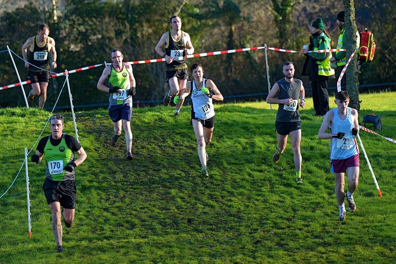 Competitors negotiate a gradient during the Derry Cross Country Open 6k at Thornhill College. Photo: George Sweeney. DER2301GS – 39