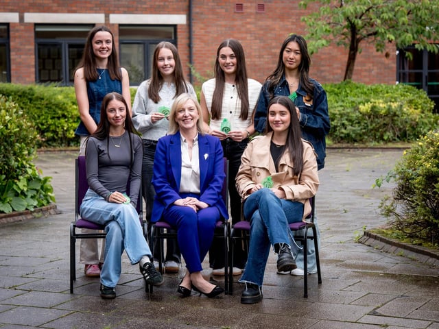 Top Performing Students at A2 Level. Front Row: Tia Twells, Prof Cathy Harrison, Ellie Vafias. Back Row: Hannah Wade, Beth Ward, Grace White, Kelly Yang