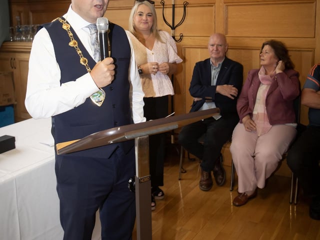 The Mayor of Derry City and Strabane District Council, Ruairi McHugh addressing the attendance at Friday evening's reception in the Guildhall for the Eamonn 'Bronco' Bradley Football Tournament Committee in recognition of their 40th anniversary celebrations. (Photos: Jim McCafferty Photography)
