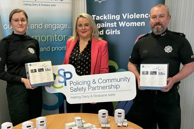 Constable Rebecca Nelson, Derry and Strabane PCSP Chair, Councillor Sandra Duffy and Chief Inspector Luke Moyne