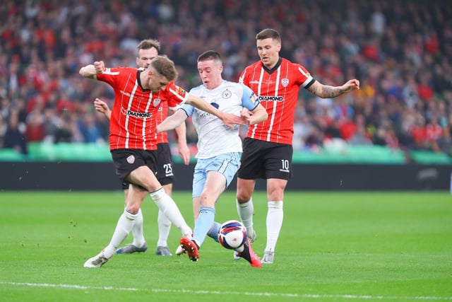 Derry City defender Ronan Boyce nip in ahead of Shelbourne's Jack Moylan during the Candystripes' 4-0 FAI Cup final victory in the Aviva Stadium on Sunday. (Photo: Photo: Kevin Moore/MCI)