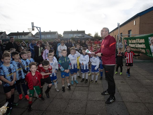 St. Joseph's Boys School senior teacher Mr. Beattie addressing the attendance during the Sean O'Kane Memorial Cup presentation on Saturday.