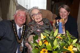 Mayor of Causeway Coast and Glens, Councillor Steven Callaghan and Mayoress Ruth Callaghan pictured with Rita Ody on her 100th birthday
